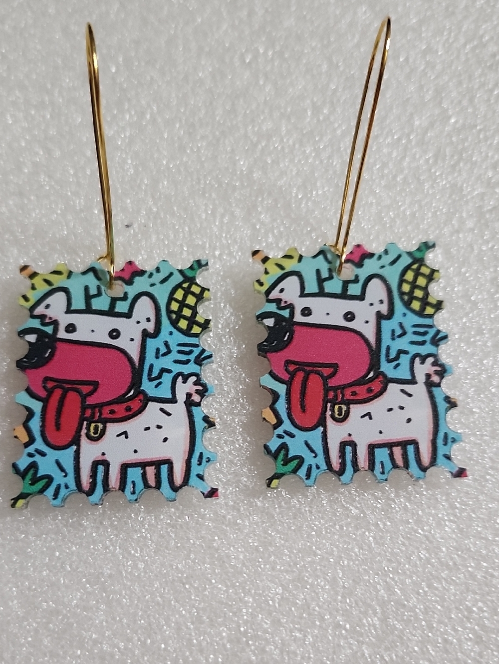 Hand Crafted Blue and Pink Dog Stamp Dangle Earrings